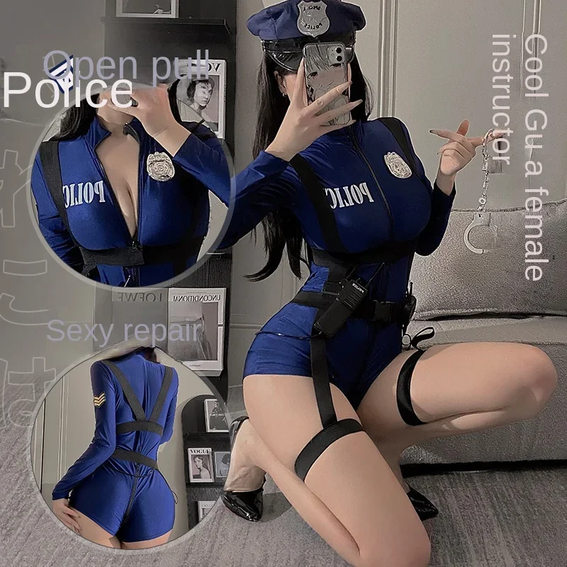 Trajes exóticos lingerie sexy boate feminino uniforme da polícia duplo zíper livre virilha aberta cospaly outfit saia sexy