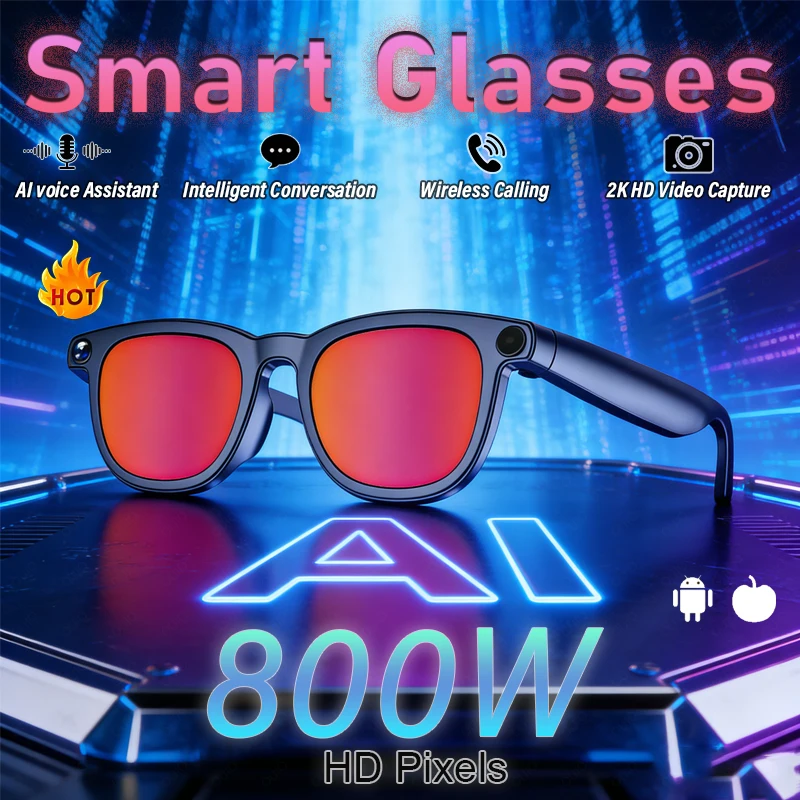 

New AI Smart Glasses 800W Pixel 2K HD Video Capture Al Language Assistant Bluetooth Call 5.3ENC Noise Reduction Smart Glasses