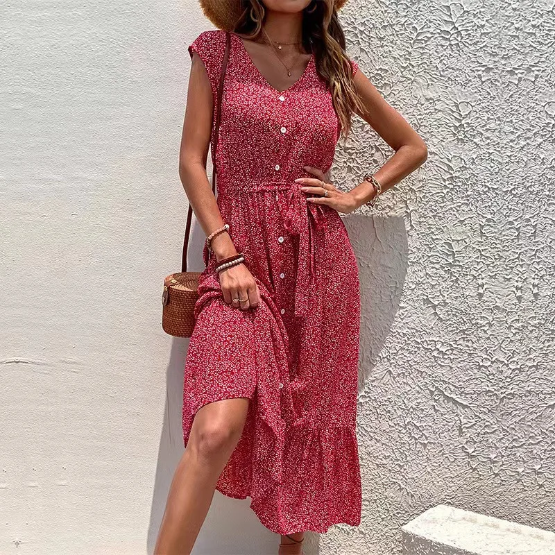 

2025 Summer V-neck Sleeveless Lace-up Holiday Beach Dress Casual Loose Fashion Floral Long Dress New Retro Dresses for Women