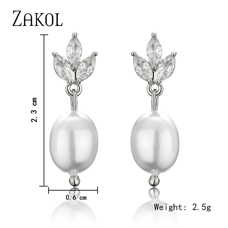 ZAKOL Simple Leaf Cubic Zircon Drop Earrings for Women Fashion Imitation Pearls Bridal Earring Wedding Jewelry EP5377
