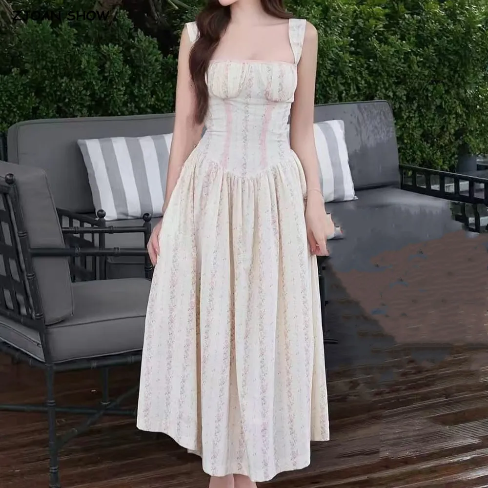 Sweet Floral Stripes Print Spliced Lace Ruched Bra Corset Style Sling Dress Women Low Waist Swing A-lined Long Vestidos Robe