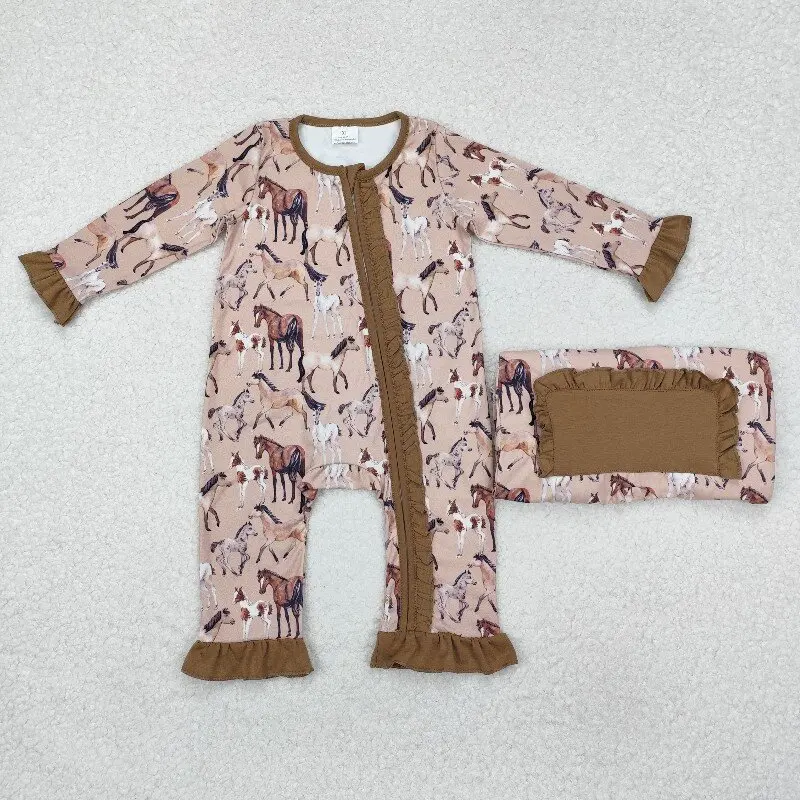 

8.15y Boutique Baby Girls Long Sleeve Romper Brown Lace Horse Design Zipper Bodysuit Girls Wholesale Clothing