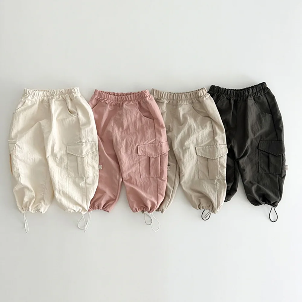 

2025 New Korean Style Kids Cargo Pants Loose Fit Cotton Toddler CasualPants for Boys Girls Spring Summer Solid Color 80-130