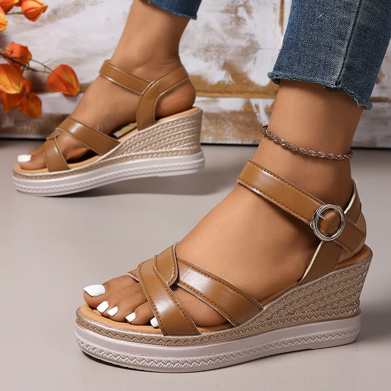 

2025 Summer Wedges Thick Sole Sandals Women Ankle Buckle Platform Sandles Woman Plus Size 35-43 High Heeled Sandalias Mujer