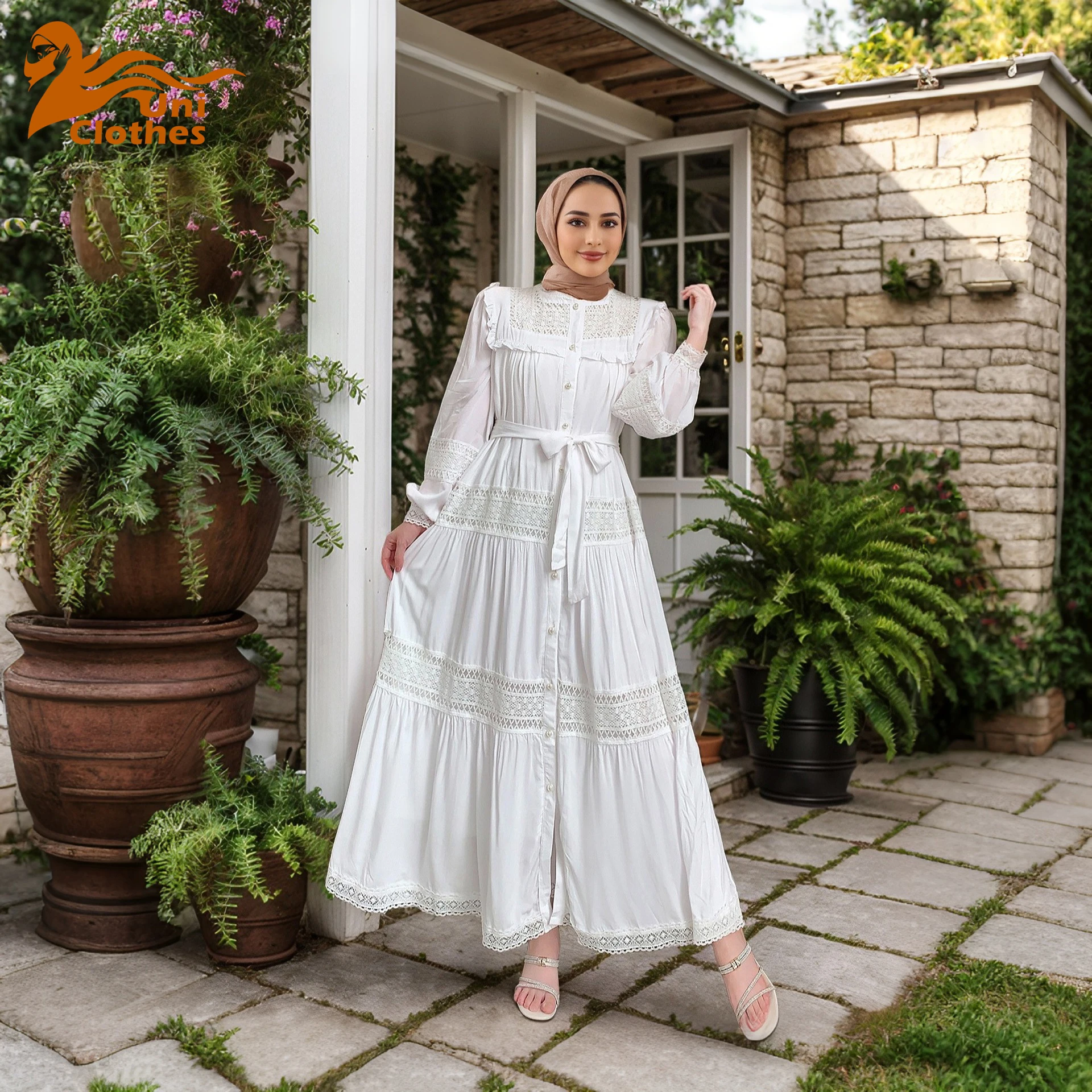 

UNI 2025 Ближневосточное длинное платье, мусульманское женское платье, кружевное полое платье