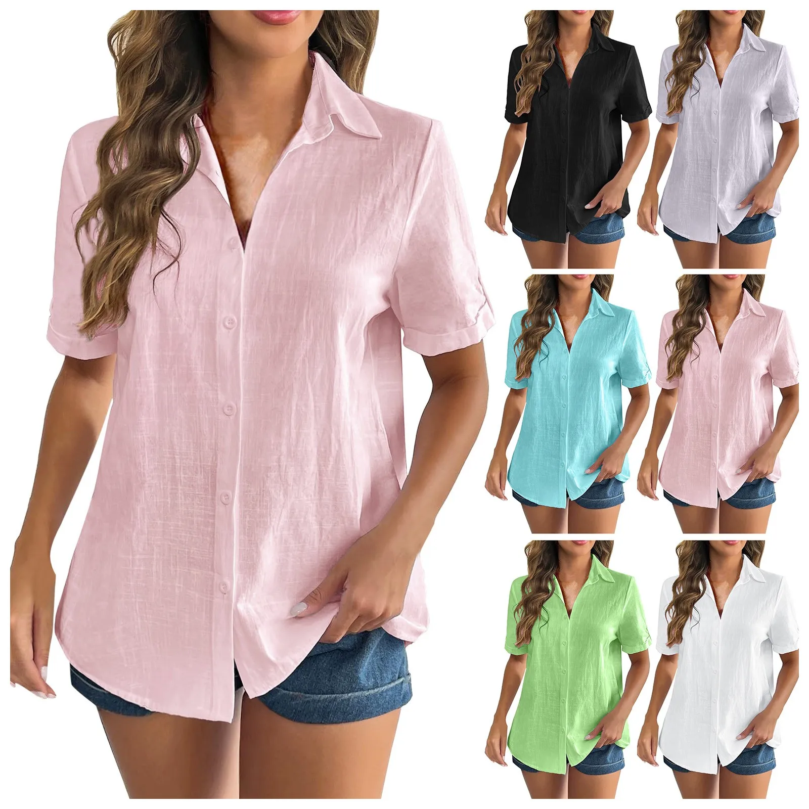 

Women Button Down Cotton Shirt Rolled Cuffed Short Sleeve Blouses Summer Casual V Neck Beach Shirts Ladies Solid Color Tops