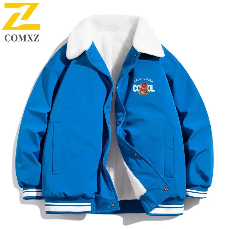 COMXZ Men Fleece Lined Jacket Winter Autumn Korean Style Waterproof  Windproof Hooded Outdoor Sports Casual Solid Color Coat