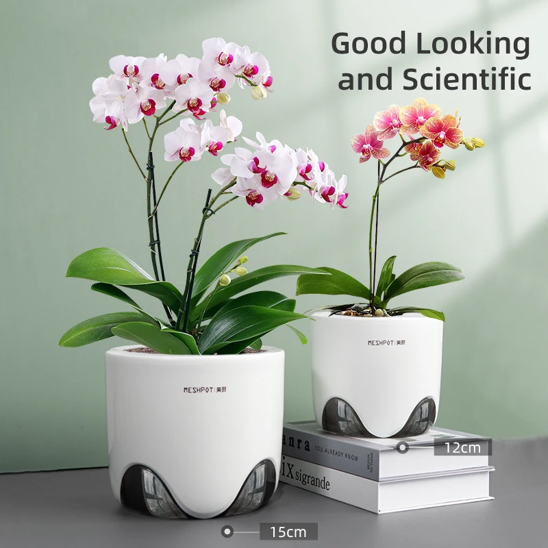 Meshpot Orchid Pots with Holes for Repotting Double Layer Plastic Imitate Ceramic Orchid Planter Provide Good Air Circulation