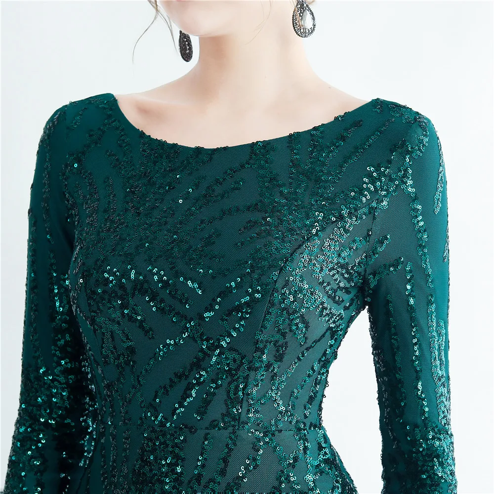 Vestido de noche con lentejuelas verdes para mujer, vestidos formales elásticos con cuello redondo, mangas completas, cremallera, sirena, trompeta, abertura hasta el suelo, fiesta, YE350