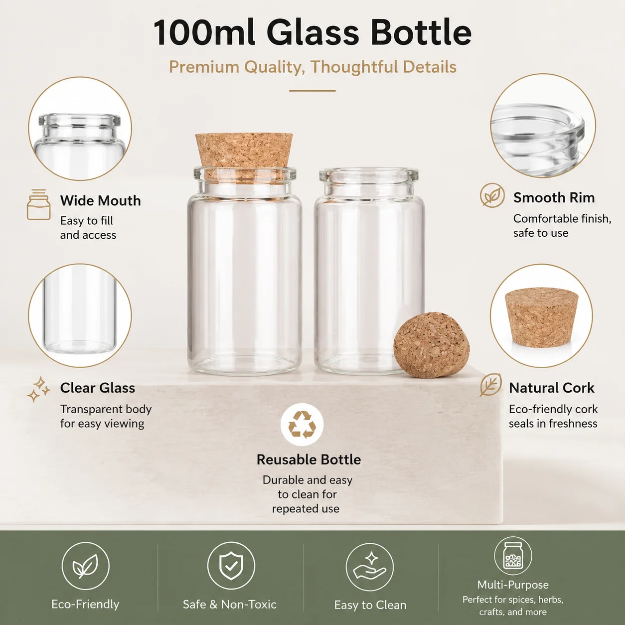 2PCS 100ml Glass Bottles with Cork Candy Spice Jars for Art Crafts Wedding Favors view 3