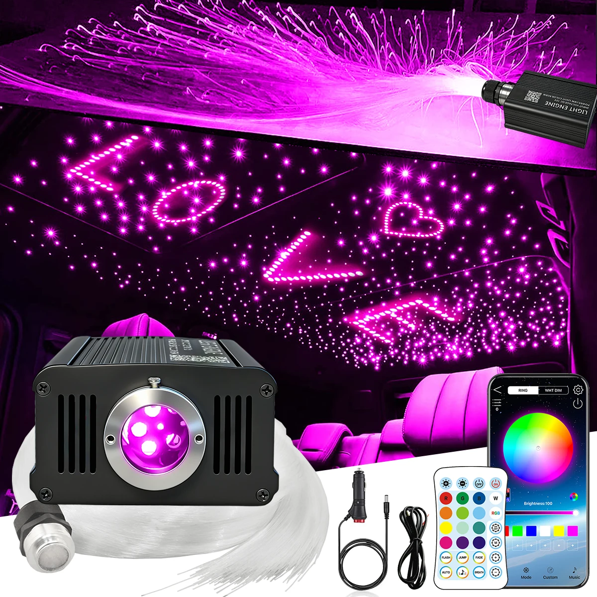 16W RGBW Starlight Headliner Kit, 500/550pcs 0.03in 2m‑3m Fiber Optic Lights, Twinkle Effect & Music Sync Mode, App & Remote Control, Car Roof Ceiling Starry Sky Lighting Kit for Auto Interior Decoration