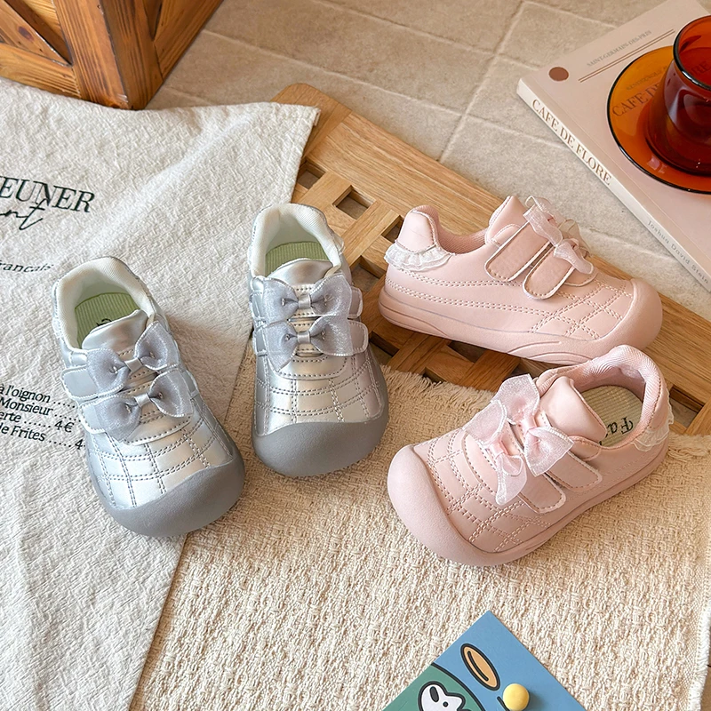 Kids Sweet Bow Decor Casual Shoes Toddler Girls Double Hook and Loop Soft Sole Anti Slip Walking Shoes for Daily Wear