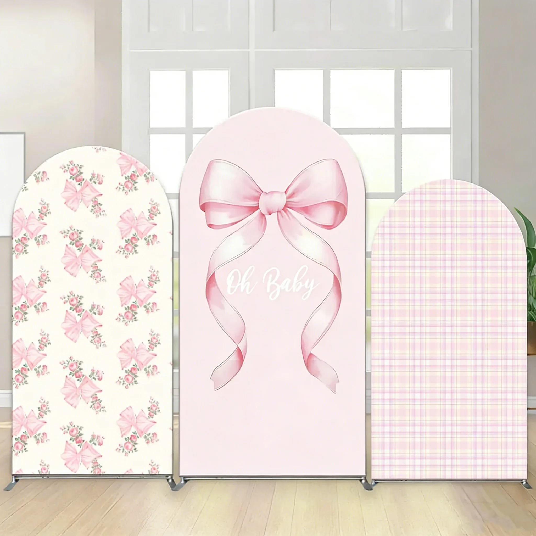 LS Custom 2-Sided Pink Grid Bow Floral Pattern Girl Birthday Party Baby Shower Cover Chiara Arch Background Decor Backdrop