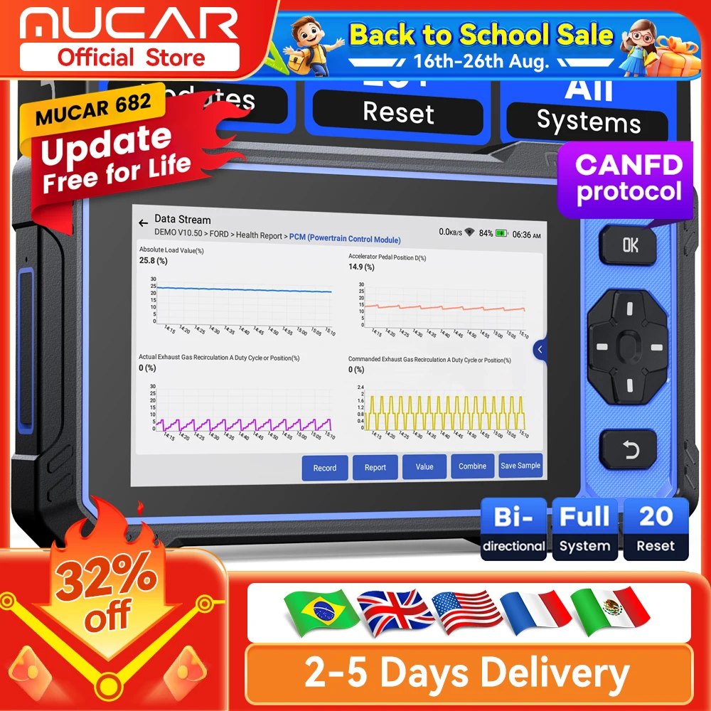 Outil de diagnostic OBD2 MUCAR 682 assisté par l'IA, diagnostic complet du système de niveau OE, 20 réinitialisations, bidirectionnel CAN FD, mise à jour gratuite à vie
