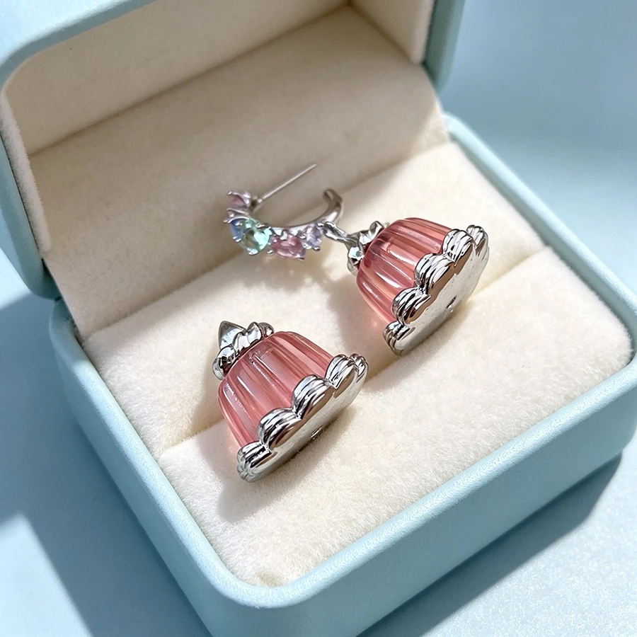 Pink Blue Transparent Jelly Pudding Resin Stud Earrings Asymmetric Zircon C-shaped Drop Earrings Cute Y2K Sweet Jewelry Gifts V