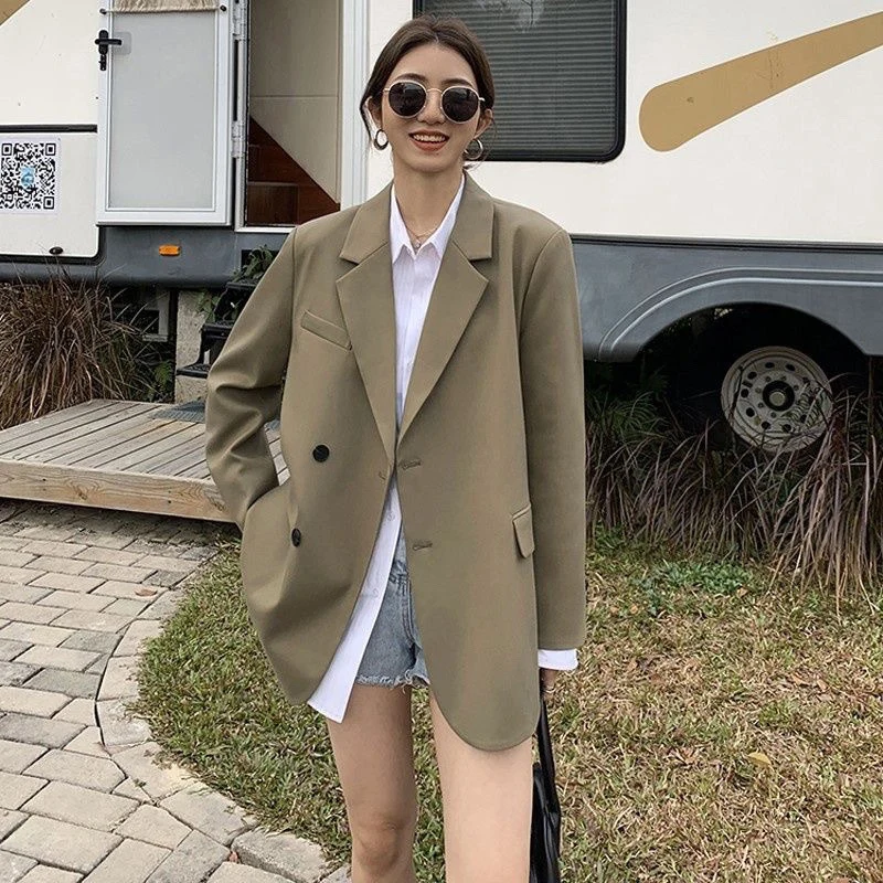 

Women's Temperament Office Lady Suit Jacket Simple All Match Back Slit Lapel Blazers Woman Autumn Basic Solid Color Work Coat
