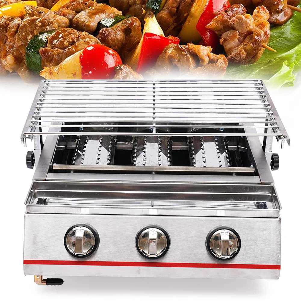 

Tabletop Barbecue Grill Sear 3Burner Side Gas BBQ Stainless Steel Portable Stove Commercial 3 Burner Gas LPG Grill Camping Smoke