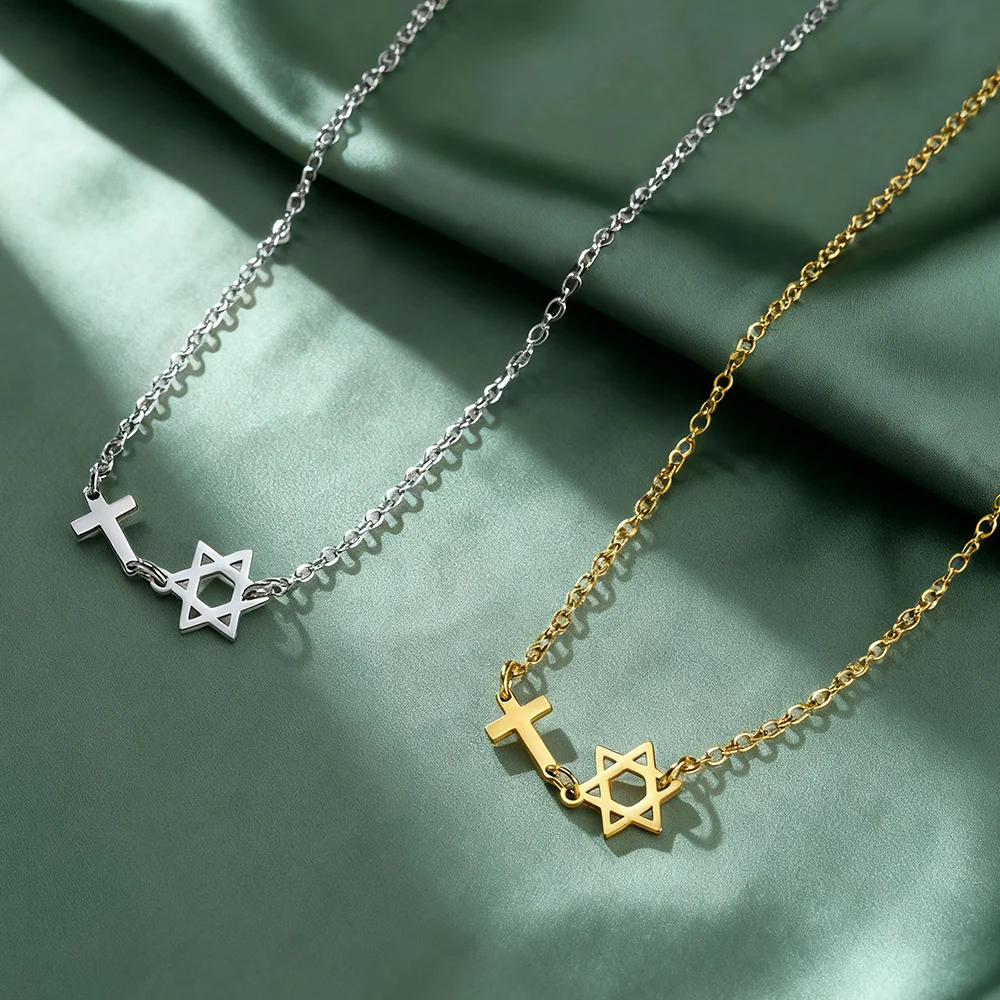 Dawapara Star of David and Cross Necklace Jewish Faith Stainless Steel Minimalist Christian Religious Jewelry