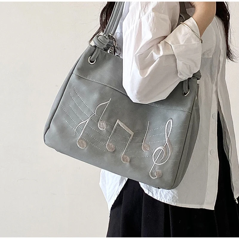 Women Casual Shoulder Bag Music Note Embroidery Design Solid Color Large Capacity Lightweight Tote Bag Daily Commute Handbag