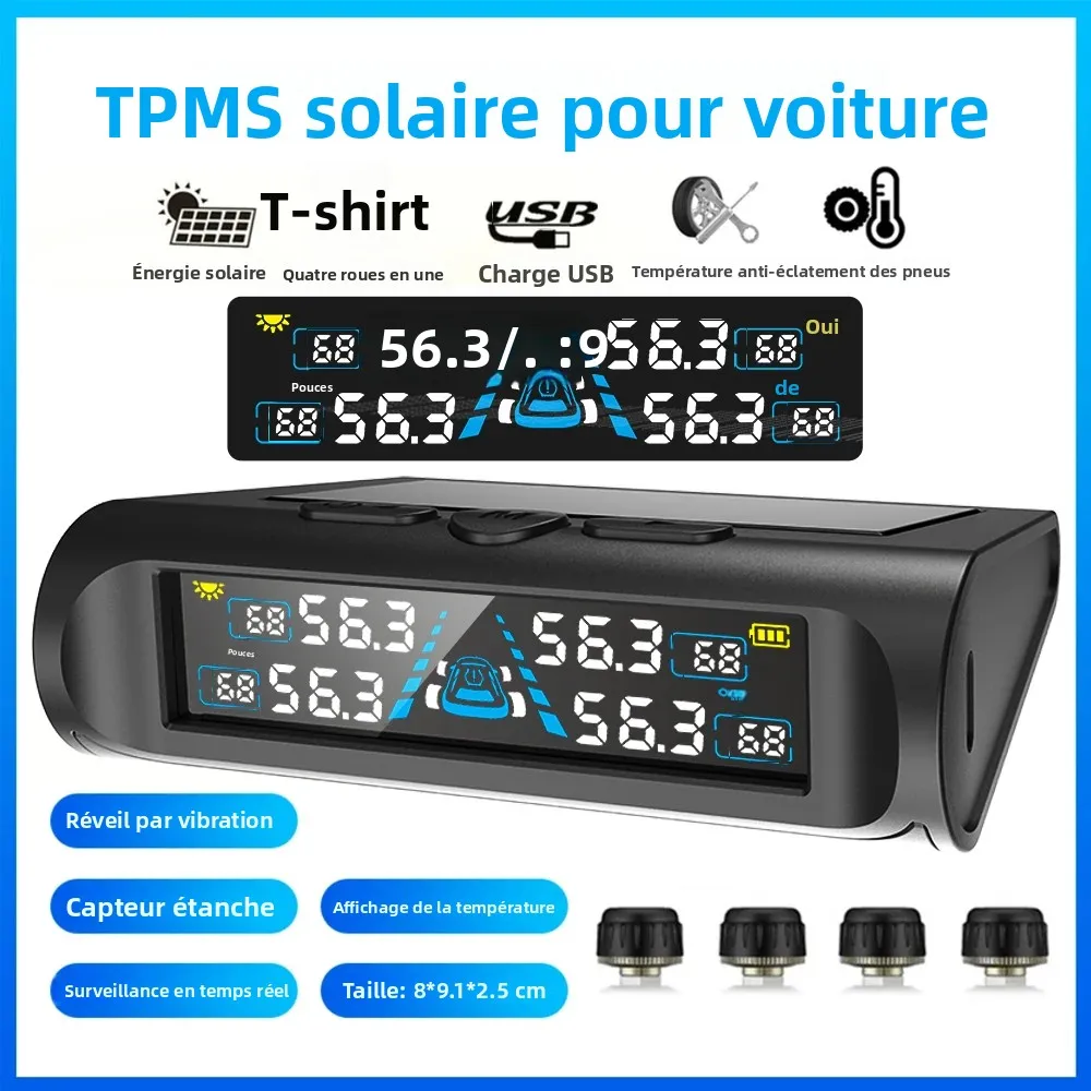 Moniteur de température TPMS USB/solaire avec 4 capteurs externes, affichage numérique LCD 0-6,8 bars T21, jauge de pression des pneus, moniteur de pneus de voiture