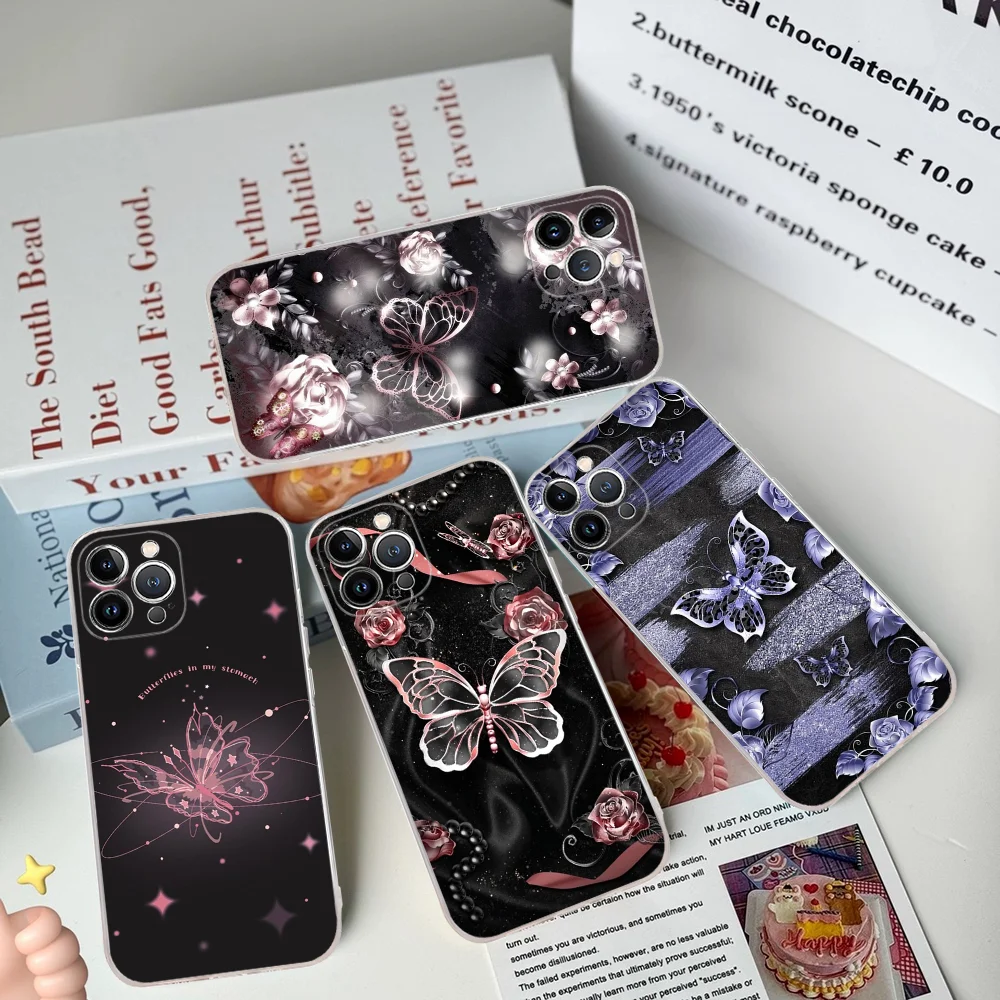 

Beauty Pink Butterfly Phone Case Silicone Soft For Iphone 16 15 14 13 12 11 Pro Mini XS MAX Plus X Cover