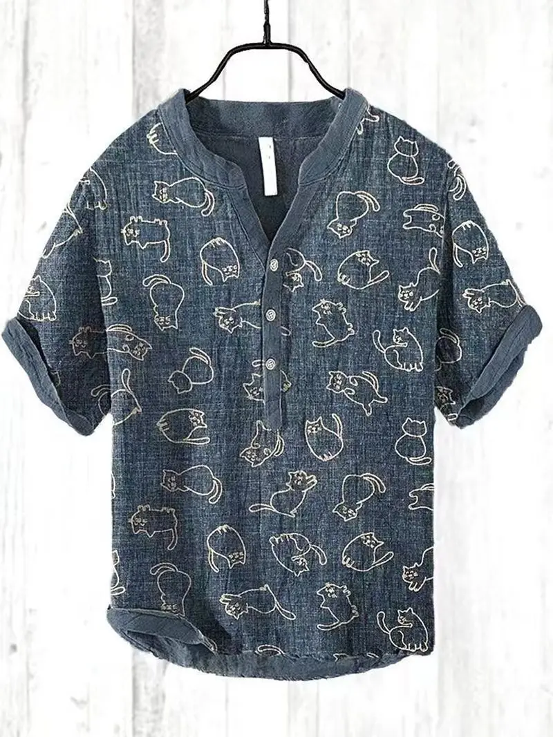 Ebaytiki-Camisa de linho manga curta masculina, decote em v, impressão digital 3D, nó de bambu, primavera, verão, estilo chinês, best-seller