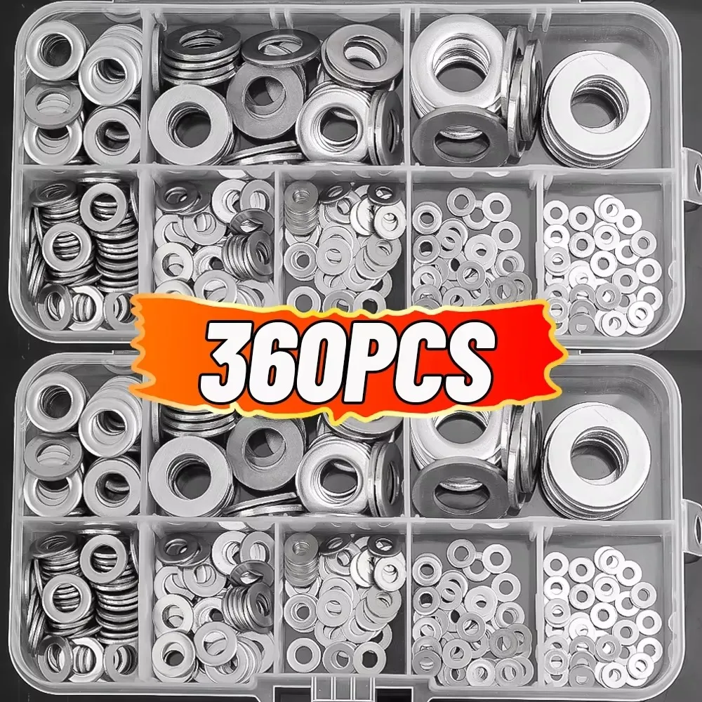 360/180PCS สแตนเลสสตีลสกรูเครื่องซักผ้า Multi-Function PLAIN เครื่องซักผ้าปะเก็น Assortment Kit ฮาร์ดแวร์ที่ทนทานเครื่องซักผ้าโลหะ M2-M10