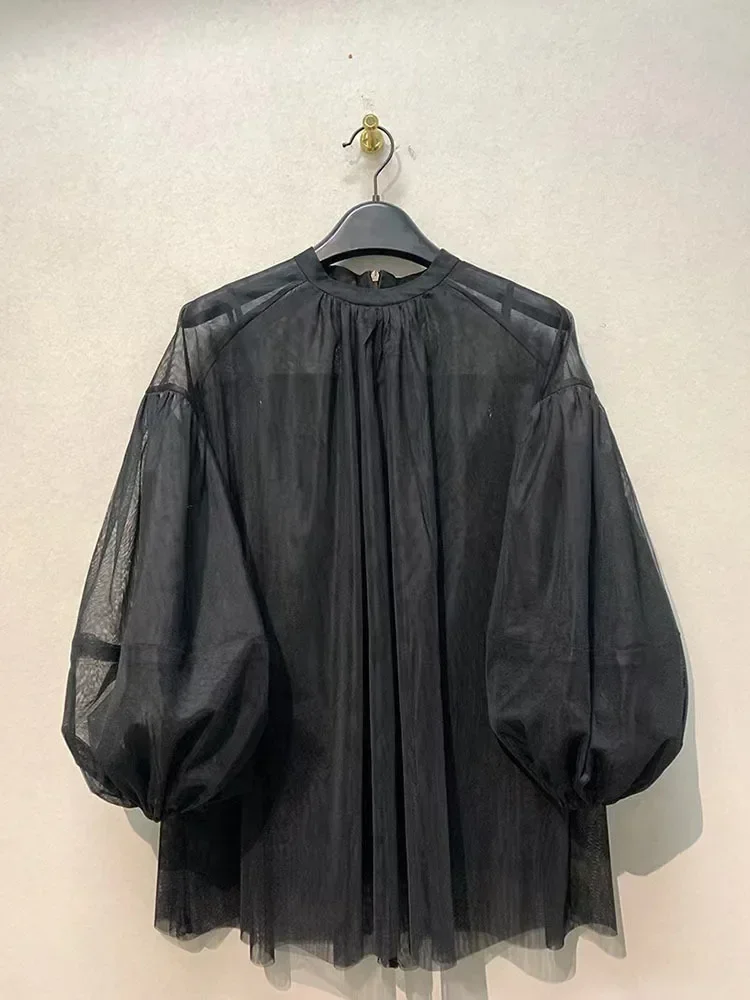 

Loose lantern sleeve shirt+small suspender Top Two piece set for women's retro trendy organza perspective