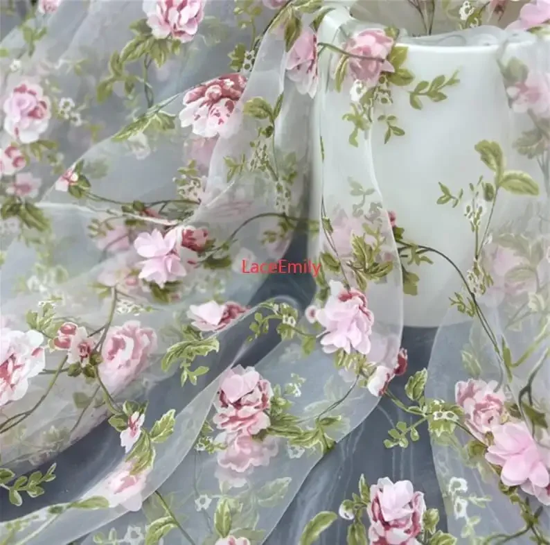 

3D Pink Flower organza Lace Fabric chiffon Floral applique Embroidery Tulle for Bridal Dress Girl Dress Wedding Dress