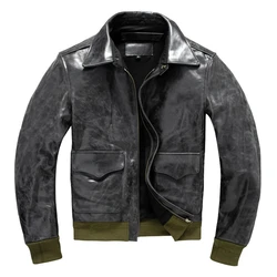 Black Autumn Leather Jacket Men Vintage Style Plus Size 5XL Genuine Natural Cowhide A2 Flight Leather Coat