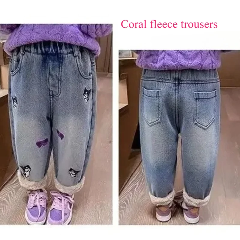 

Милые студенческие джинсы Sanrio Kuromi с героями мультфильмов, креативные персонализированные зимние утолщенные мягкие, приятные для кожи теплые брюки для девочек, подарок