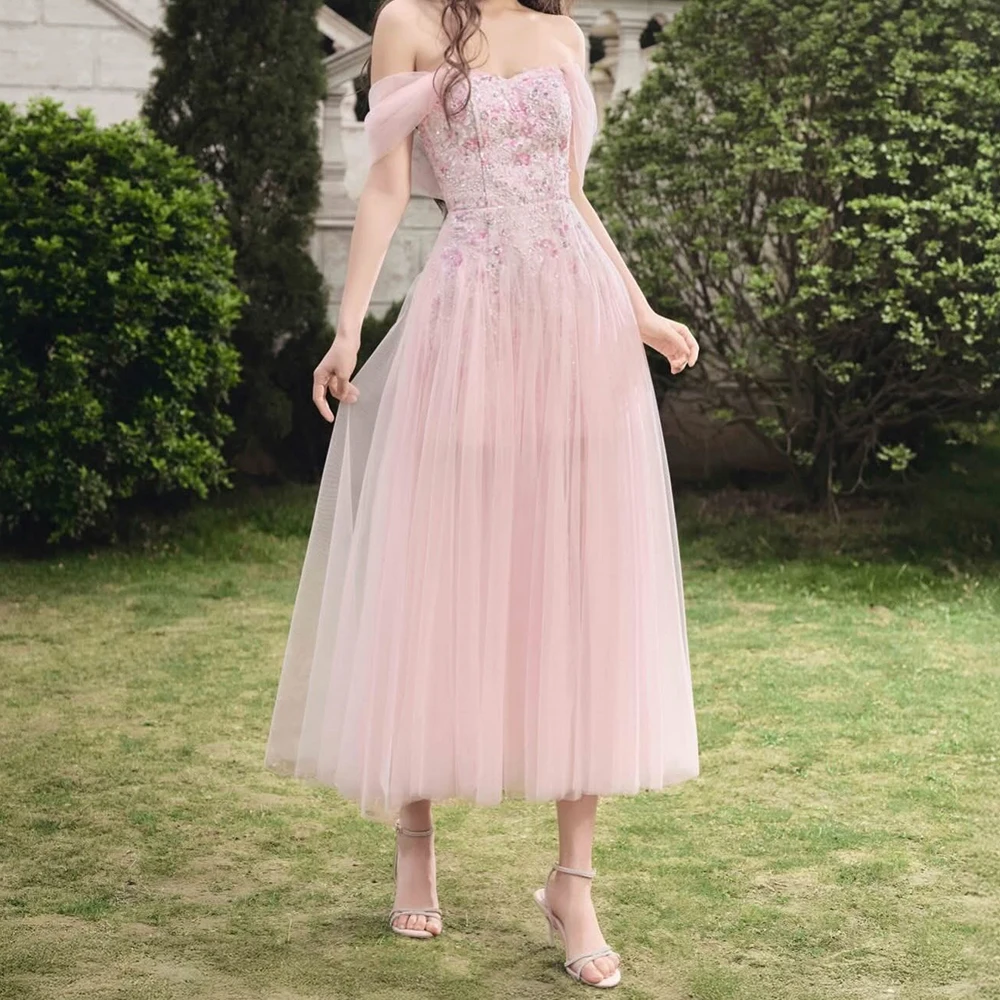 

Pastel Pink Off-Shoulder Tulle Evening Dress with Floral Sequin Detail A-Line Tea-Length Formal Party Prom Gown for Women