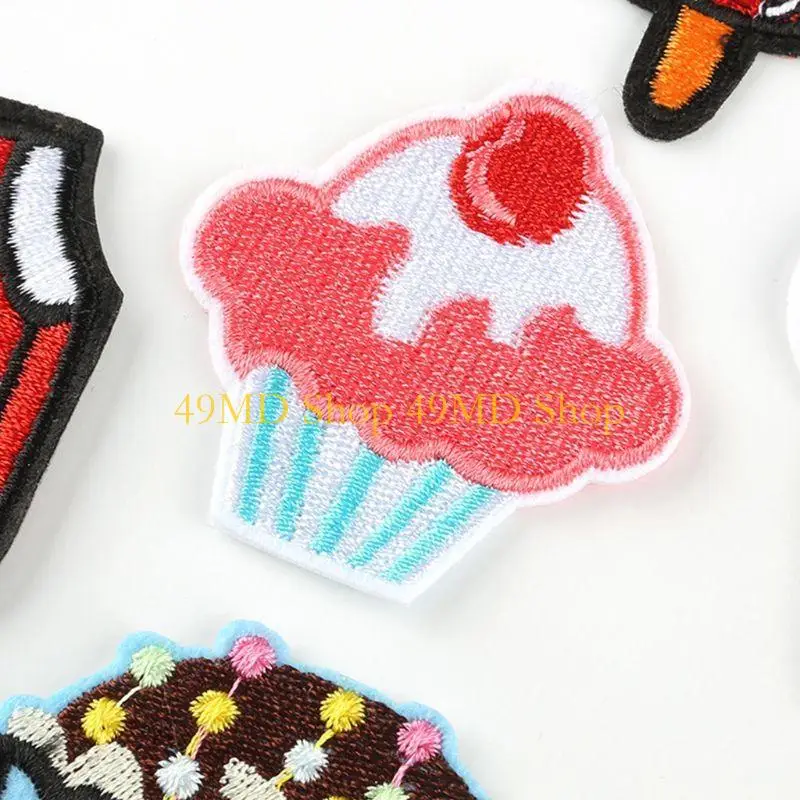 49MD 14Pcs Assorted Cartoon Cupcake Desserts Sticker Cloth Patches Iron On Kids Embroidered Decorative Sewing Applique for Bag