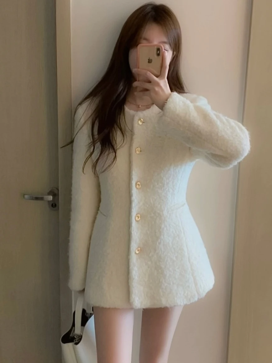 엘레 울 코트 여성용 한국 드라마 주인공 스타일 라운드 넥 싱글 버튼 허리 조임 슬림핏 코트