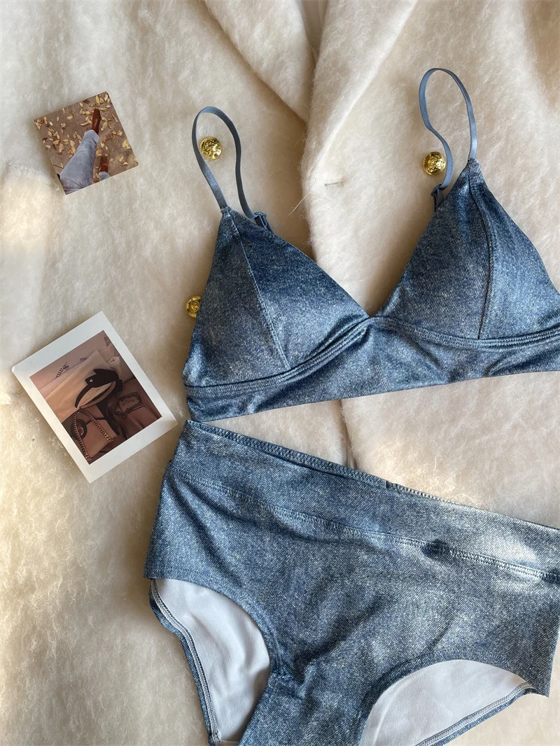 

Triangle cup imitation denim thin section underwear female beauty back lingerie gathered to collect breasts comfortable bra set