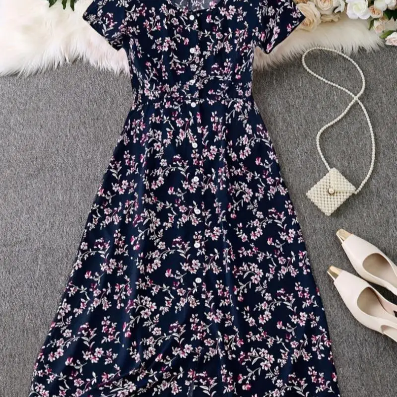 Ele Floral Print Dr Cross-Border New Model 2025 Woven Fabric Princ Sve  Collar Seven Sve Long Dr
