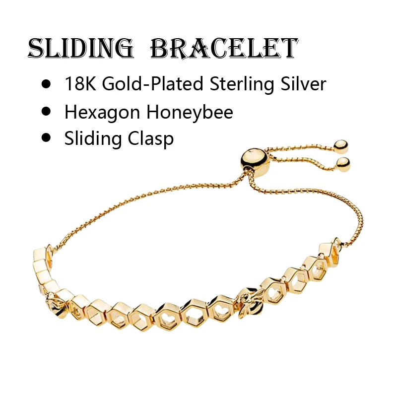 Wrist Strand Bracelets For Women Fine Jewelry 18K Shine Gold Silver 925 Original Hexagon Honebee Link Chain Sliding Clasp Zircon