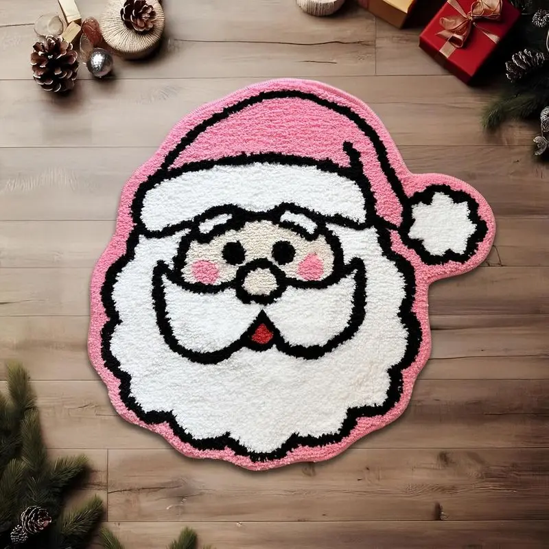 VIKAMA Christmas Santa Shaped Mat Pink Hat White Beard Blush Print Washable Absorbent Rug For Bathroom Entryway Bedroom Decor