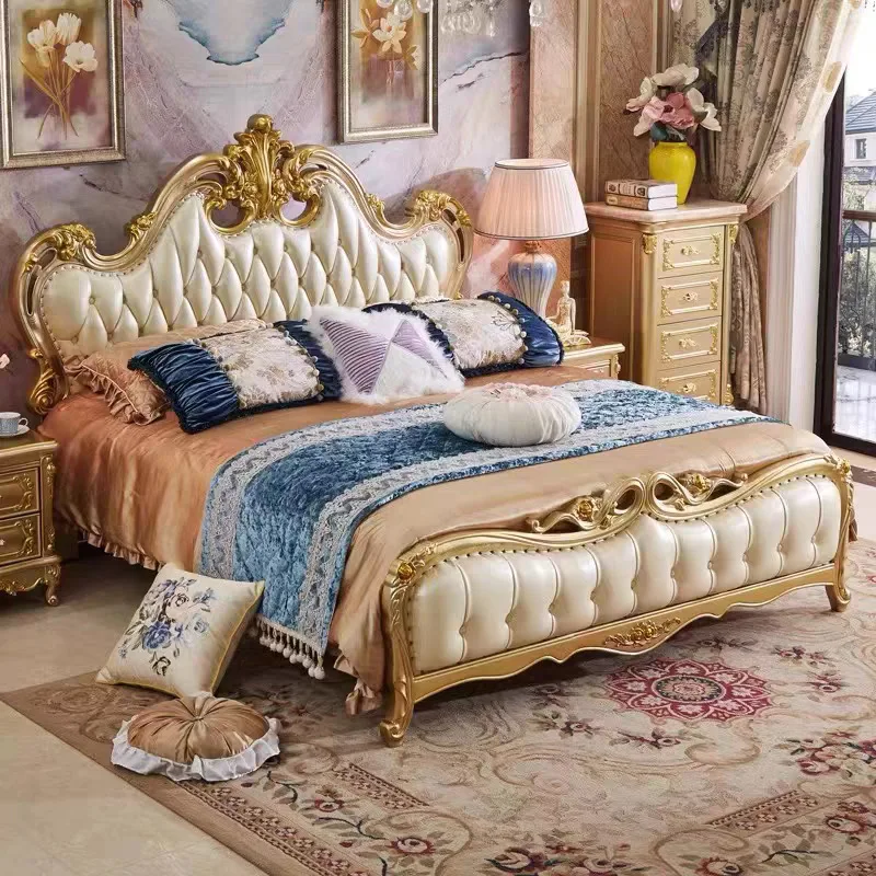 European All Solid Wood 1.8 Meters Double Bed Carved Leather High-end Luxury Princess Bed Master
