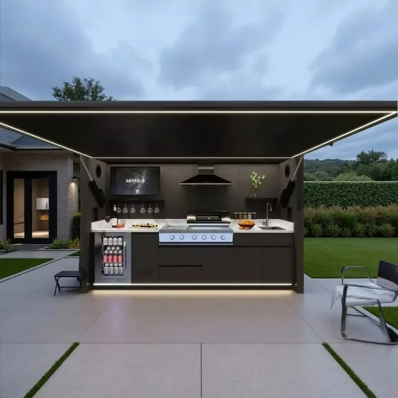 Complete Outdoor Kitchen Set with BBQ Grill and Fridge All in One Cooking Station Customized Stainless Steel Weatherproof Patio