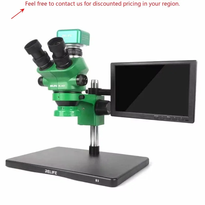 

RELIFE RL-M5T-B3 Trinocular Stereo Microscope+RL-033D Light Source+0.5CTV Adapter+MC1 4K HD Camera For Mobile Phone PCB Repair
