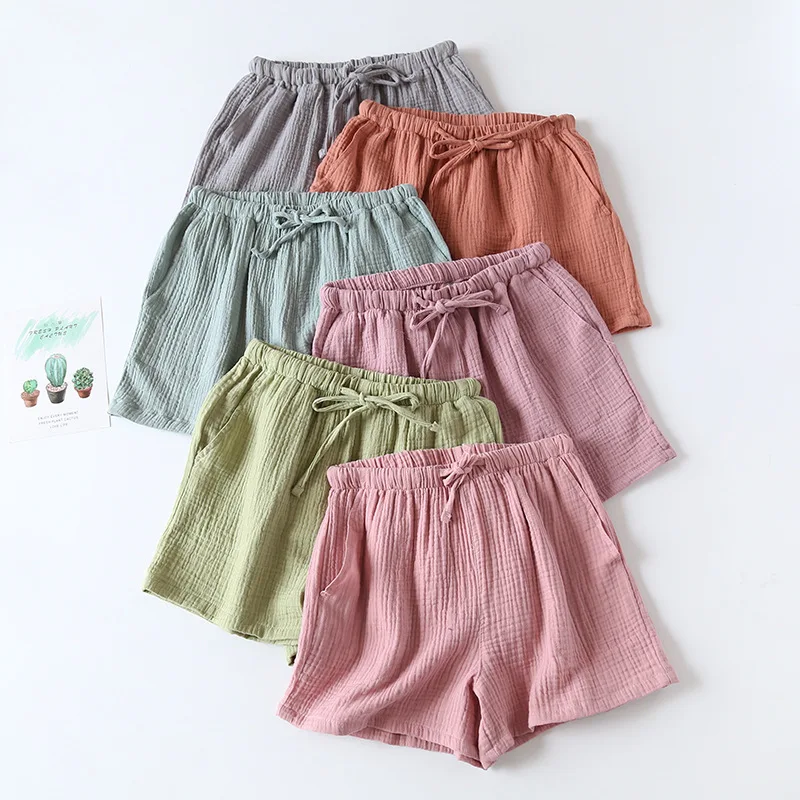 Women Summer Shorts Cotton Double-layer Gauze Sleep Bottoms Thin Loose-fitting Pajama Pants Home Pants Solid Sleep Shorts