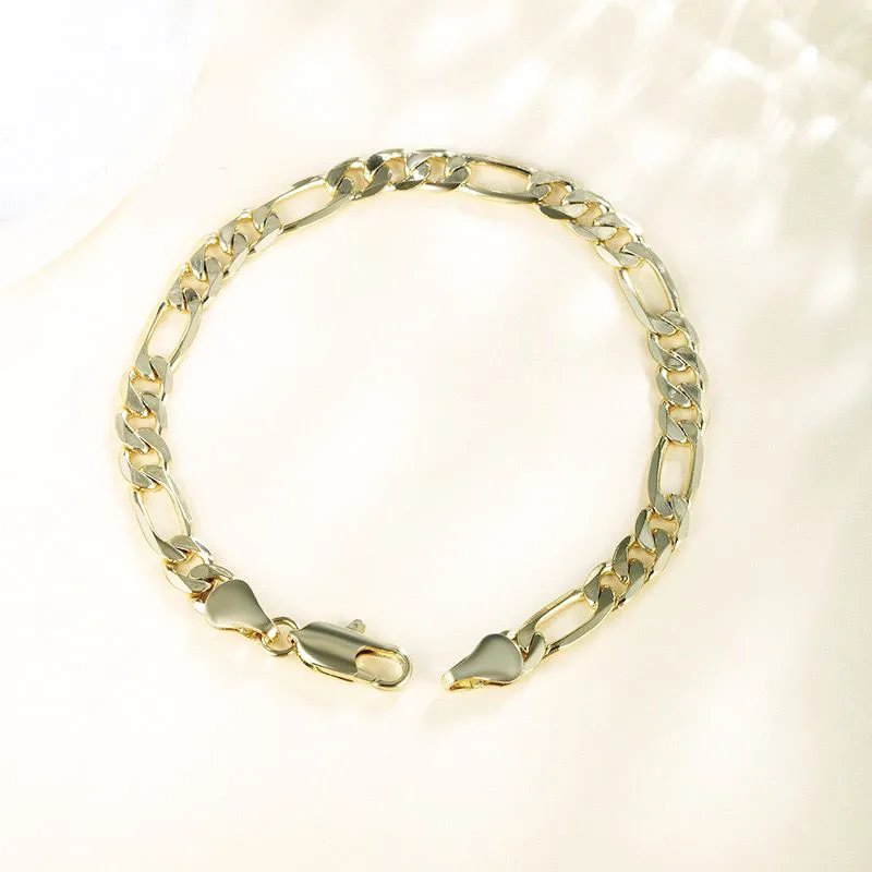 XP Jewelry -- ( 19.5 / 25 cm x 6 mm ) Fashion Figaro 3:1 Bracelet For Men Jewelry 14 k Light Gold Plated Eco- Friendly
