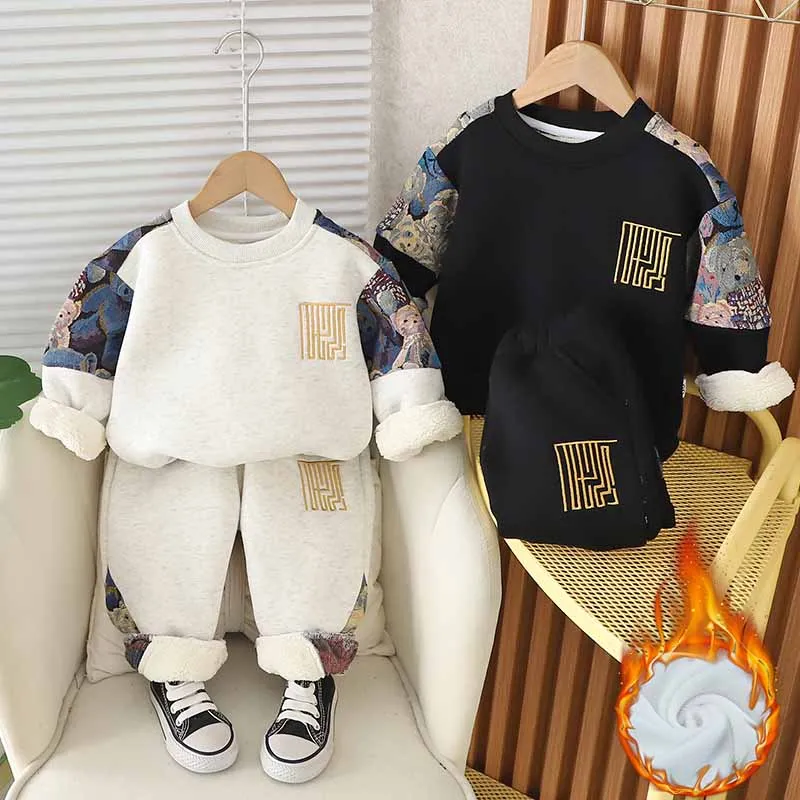 Winter Padded Thickened Sets Boys Plus Velvet Sweater Pants Two-Piece Children\'s Warm Cartoon Suit Infant Casual Sports Outfit