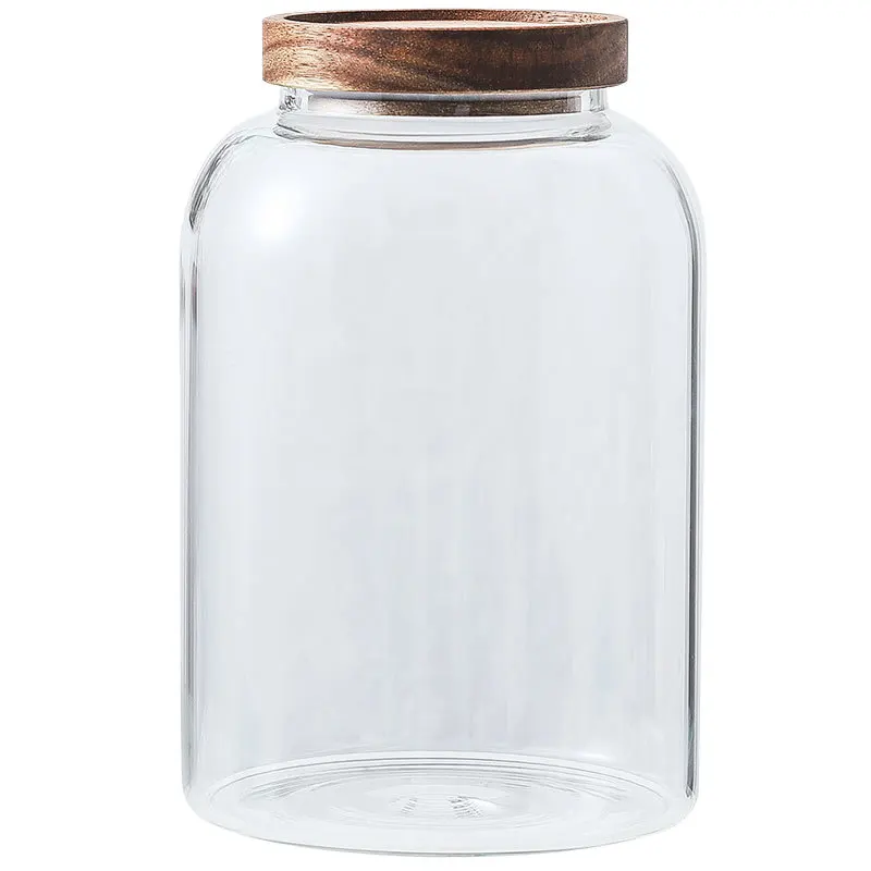 Transparent Glass Storage Jar Large Sealed Coffee Tea Tank with Wooden Cover Miscellaneous Grain Storage Jar Fruit Pickle Bottle