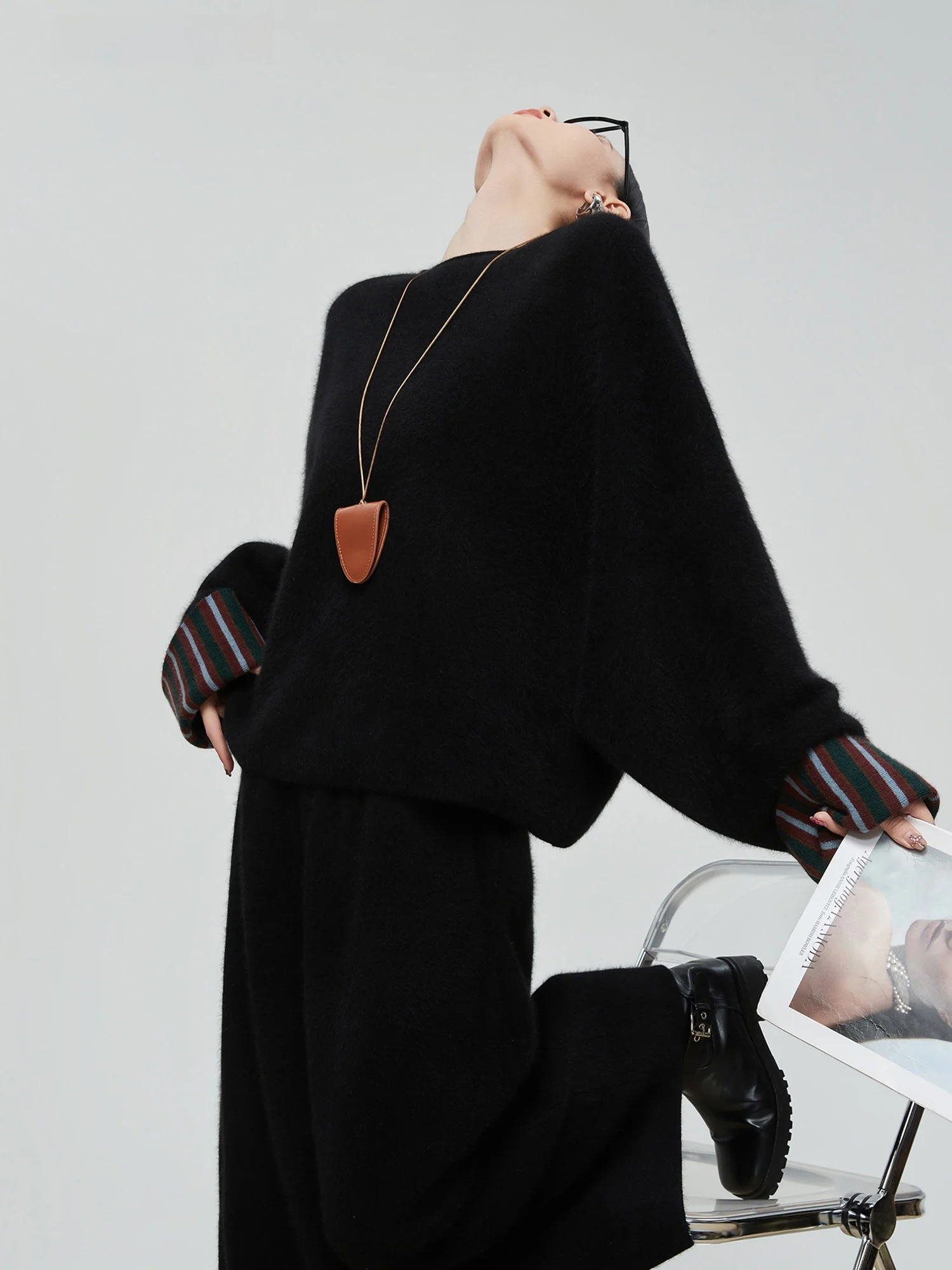 

Ретро-свитер с цветными блоками и круглым вырезом, женский, свободный, мягкий, с длинными рукавами, вязаный, и брюки 7/8 длины, комплект из двух предметов