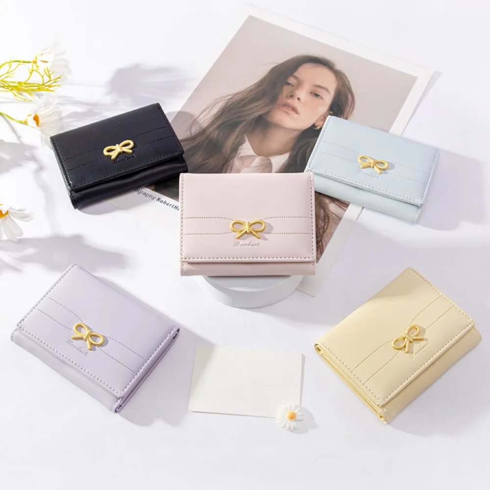 Classic Cute Bow Tri-fold Short Wallet PU Multifunctional Small Wallet Multiple Card Positions Three Fold Purse Daily Use