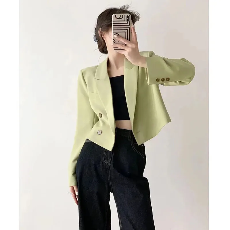 GIDYQ Cropped Blazer Coat Women Korean Casual All Match Office Lady Blazers Fashion Elegan Long Sleeve Outerwear 5 Colors Autumn