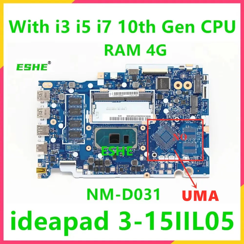 NM-D031 For Lenovo Ideapad 3-15IIL05 Laptop Motherboard With i3 i5 i7 10th Gen CPU 4GB RAM  100% Test OK