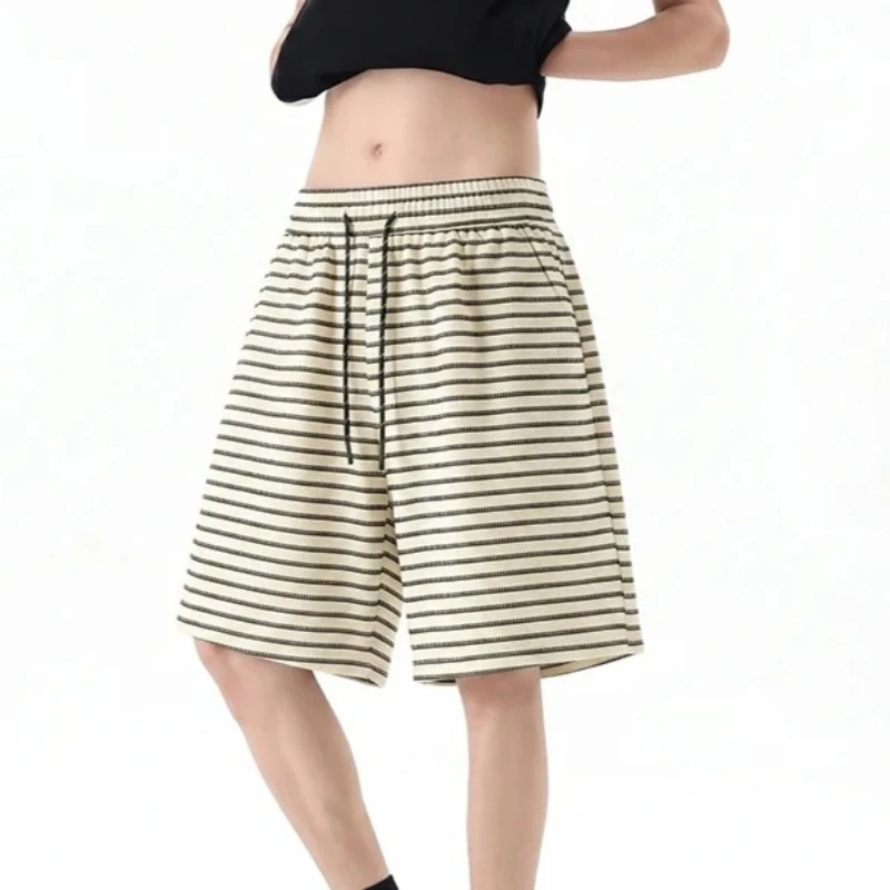 

Loose Wide Leg Striped Shorts Men's Short Pants Summer Trendy Brand Outerwear Thin Five-Point Shorts Men Standard Fit Daily Wear